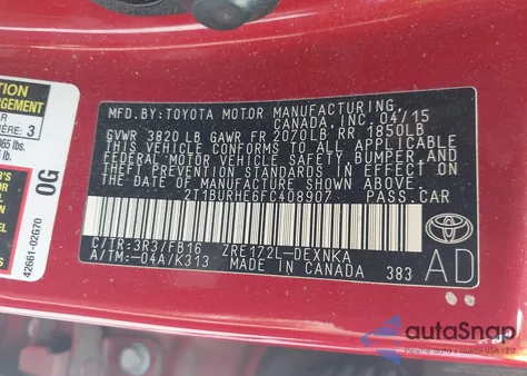 2015 Toyota Corolla L/Le/Le Plus/Le Premium/S/S Plus/S Premium из США, поврежденный, VIN 2T1BURHE6FC408907